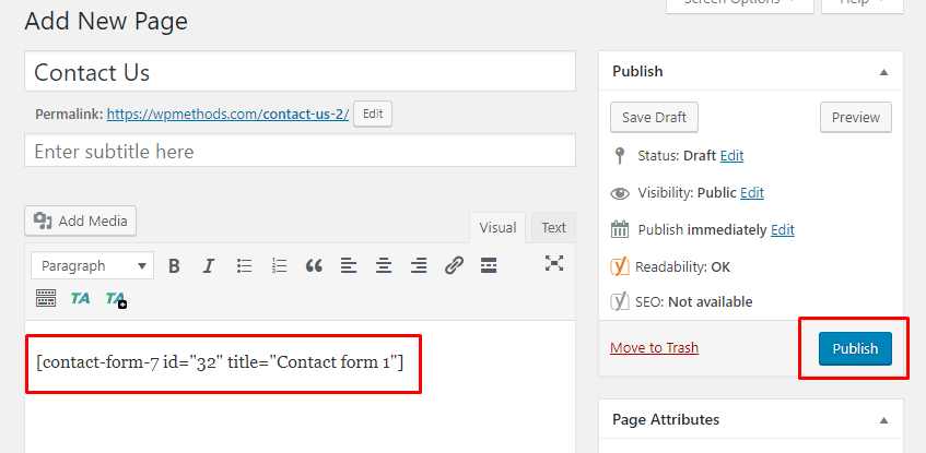create contact form page and put shortcode wordpress