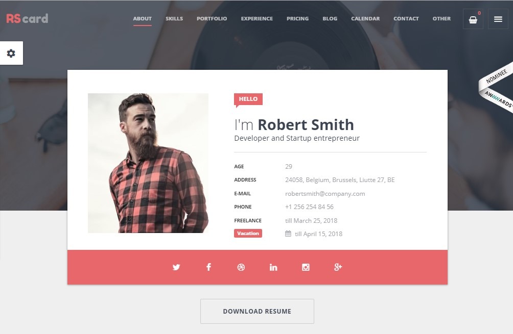 Rs Card the best resume wordpress theme for cv