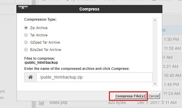 compress file form file manager web host