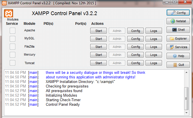 start xampp control panal