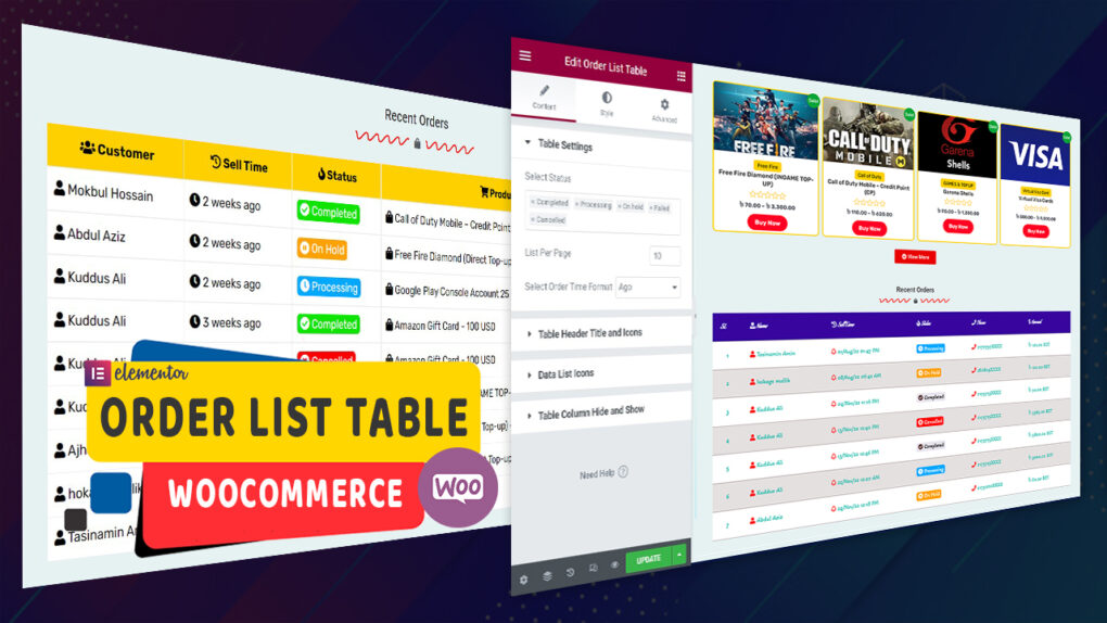 WooCommerce Order List Table on eCommerce Website | Elementor Addon